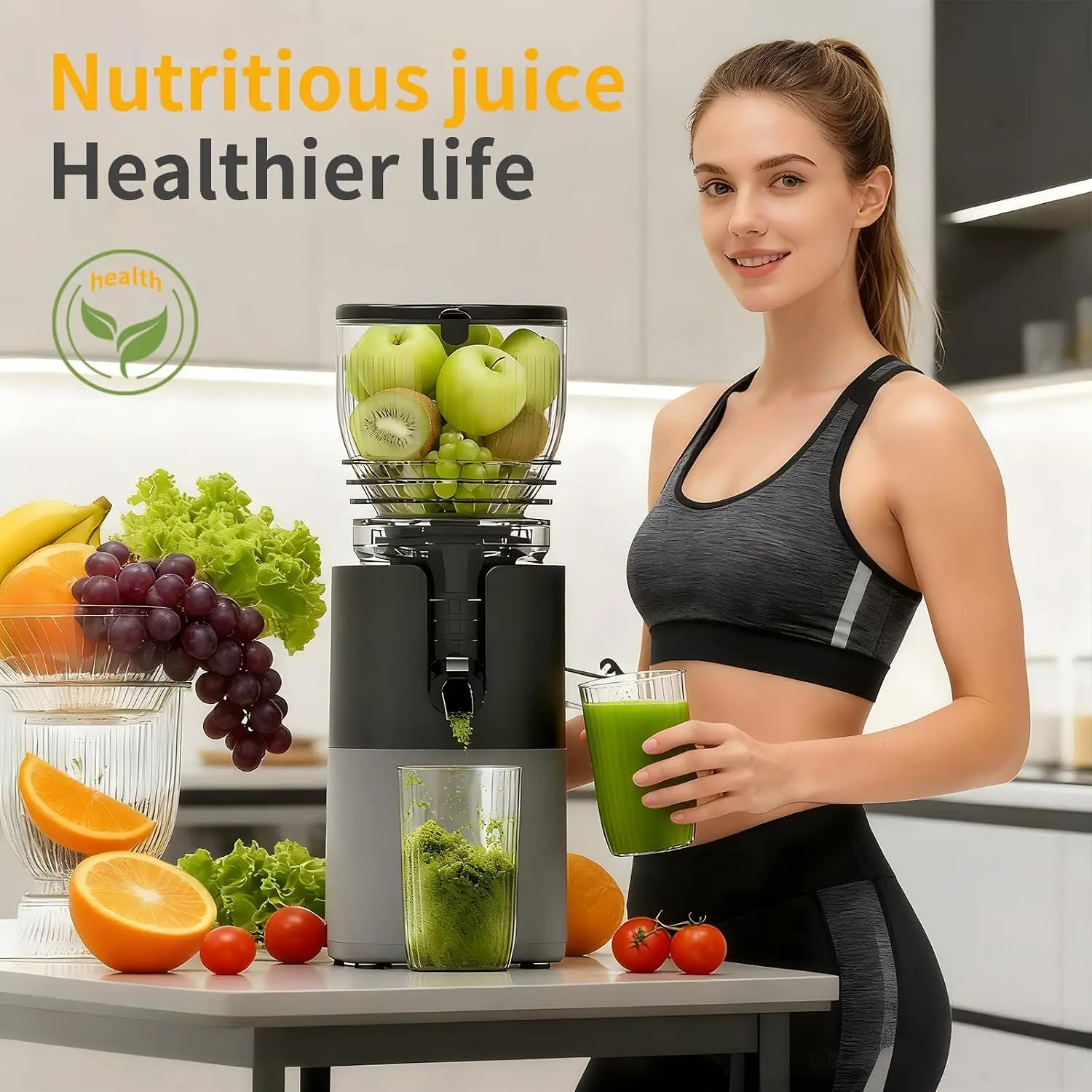 Mokero Corded Cold Press Juicer for Family Use, 6" Large Chute, 57oz Capacity Slow Masticating Juicer, 300W Plastic/Metal Juice Extractor with Safety Lock, Easy to Clean & High Juice Yield for Whole Fruits/Vegetables