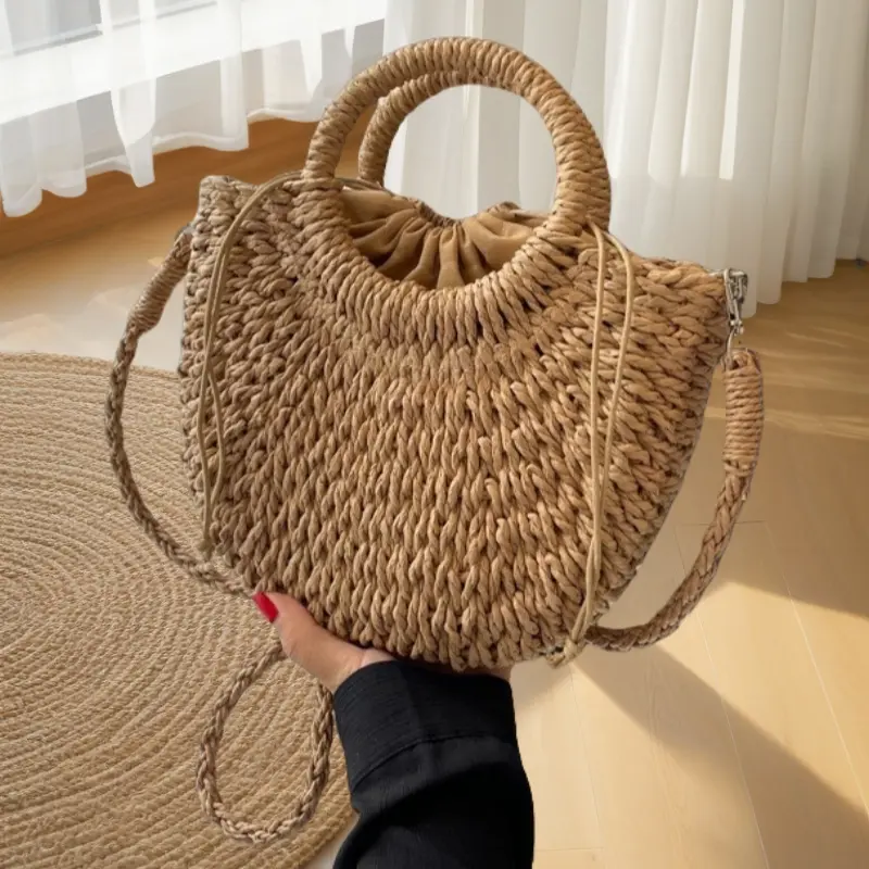 Mini Semi-circle Rattan Straw Bag Hand-woven Women's Retro Beach Tote Shoulder Crossbody Travel Bag with Top Handle