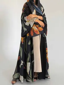 Women's Elegant Islamic Two-Piece Set with Scarf, Abaya Hijab Set, Open Front Abaya, Open-Print Long Robe, Loose-Fit Woven Fabric, All Seasons Fashionable Clothing
