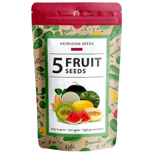 HOME GROWN 5 Melon Fruit Seeds Variety Pack - Watermelon Seeds, Melon Seeds, Cantaloupe, Sugar Baby Watermelon, Honeydew Fruit Seeds for Planting Home Garden - Non GMO Heirloom Seeds for Planting