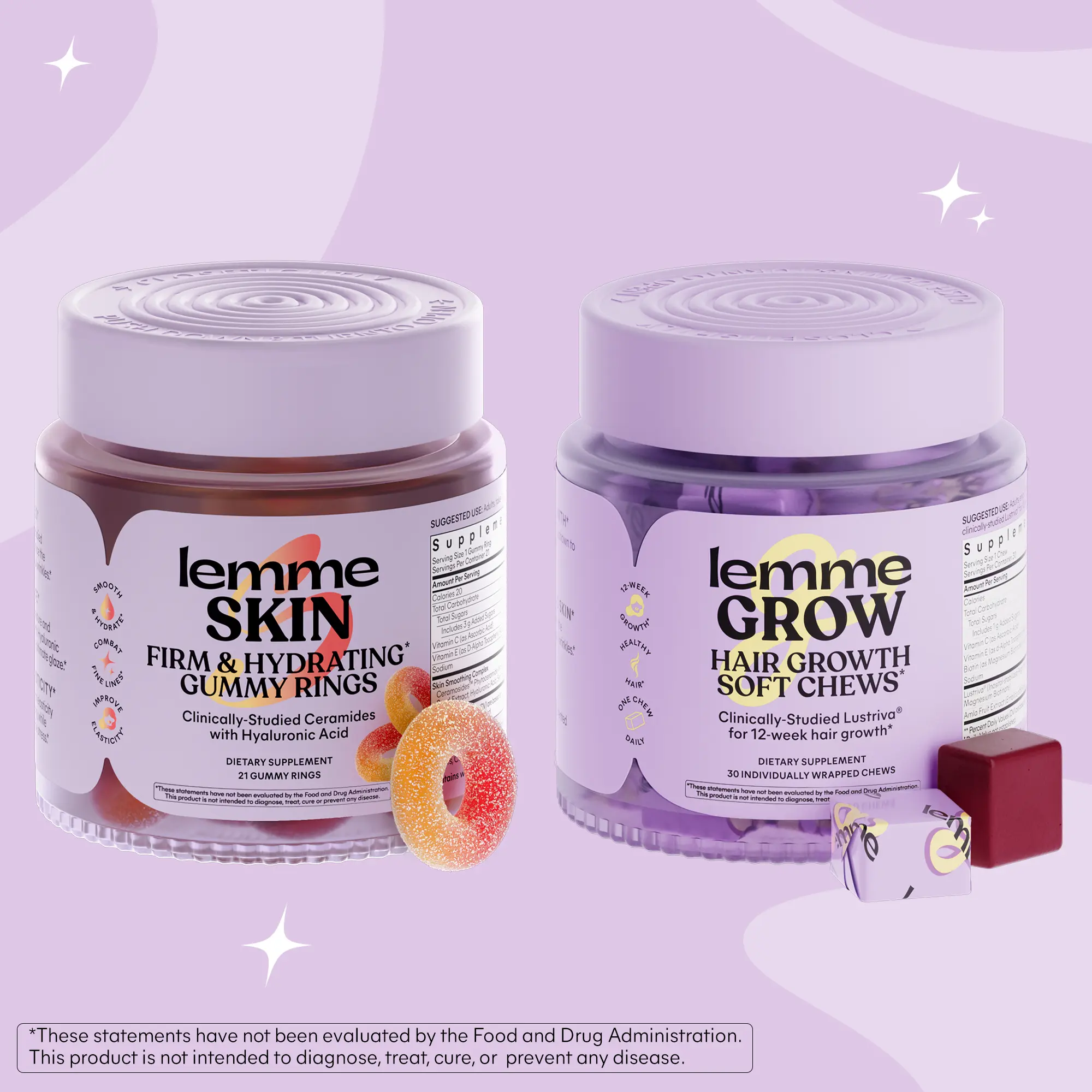 Skin Certified Set - Lemme Grow Soft Chews & Lemme Skin Gummy Rings, Hair Growth Chews with Clinically-Studied Lustriva & Biotin + Firming & Hydrating Gummies with Clinically-Studied Ceramosides & Hyaluronic Acid