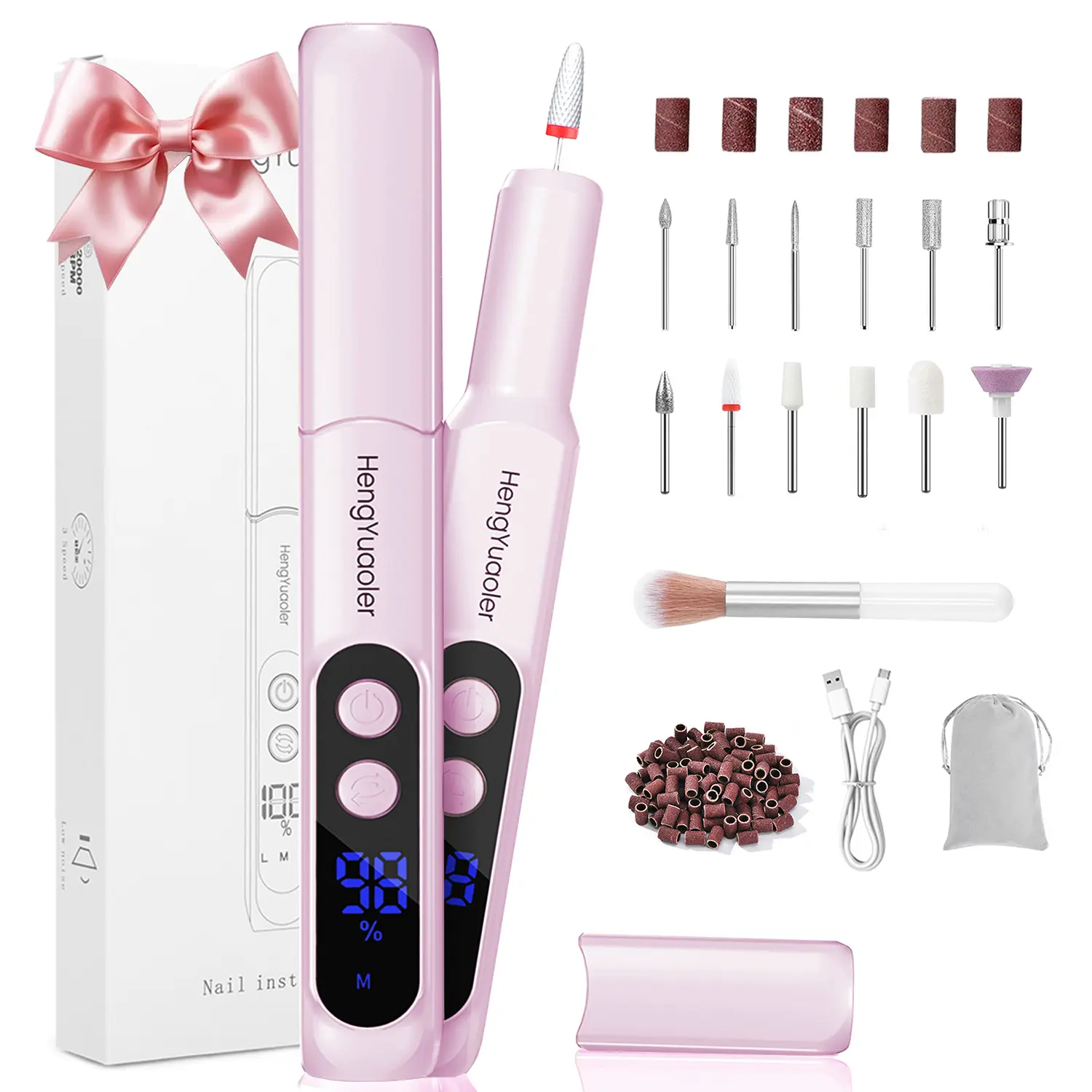 HengYuaoler Cordless Compact Electric Nail Drill Set - Professional ABS Manicure-Pedicure Kit with USB Port, Drill Bits, Sanding Bands for Acrylic, Gel Polishing (Nail Tech Supplies) Nail Art Cutics