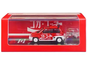 Honda City Turbo II (Right Hand Drive) Red & White "Coca-Cola" w/Honda Motocompo Scooter 1/64 Diecast Model Car by Inno Models