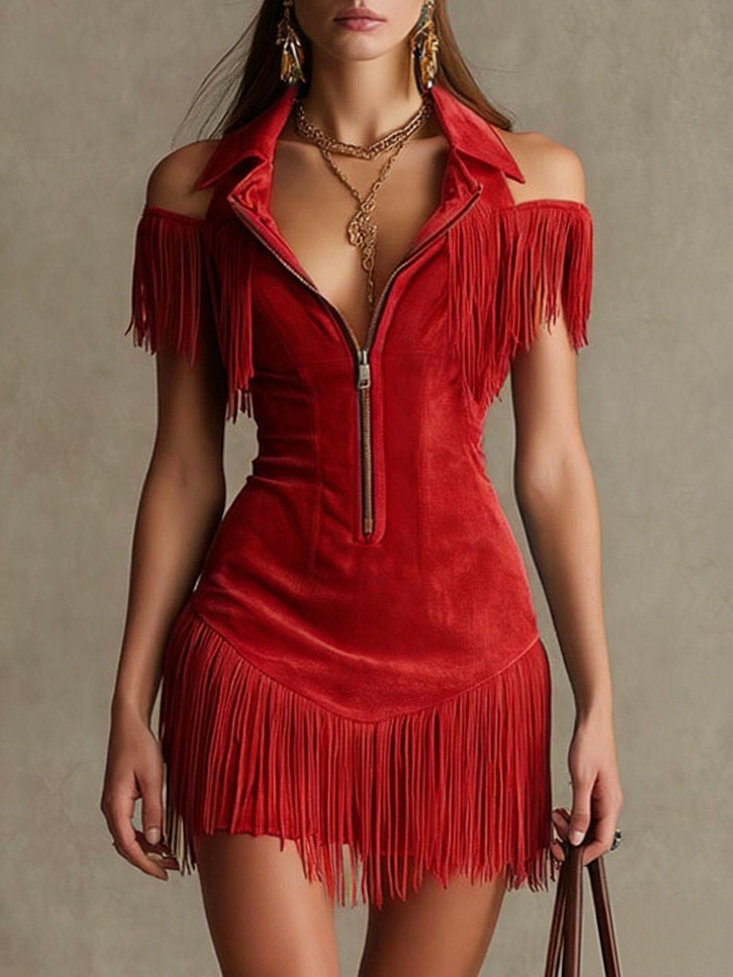 Women's Casual Retro Suede Off-Shoulder Dress with Tassel Details