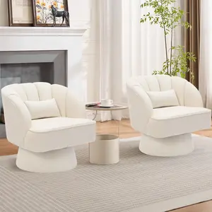 GAOMON 2PCS Modern Swivel Barrel Accent Chair, 360 Degree Velvet Upholstered Armchair with Striped Backrest & Plush Padding, Comfy Round Lounge Chair for Living Room, Bedroom, Reading Nook, Beige