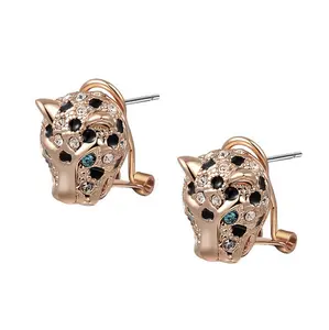 Cuafufu Leopard Head Leverback Earrings for Women with Green Eyes, Black & White Cubic Zirconia Accents – 3D Animal Wild Charm Design