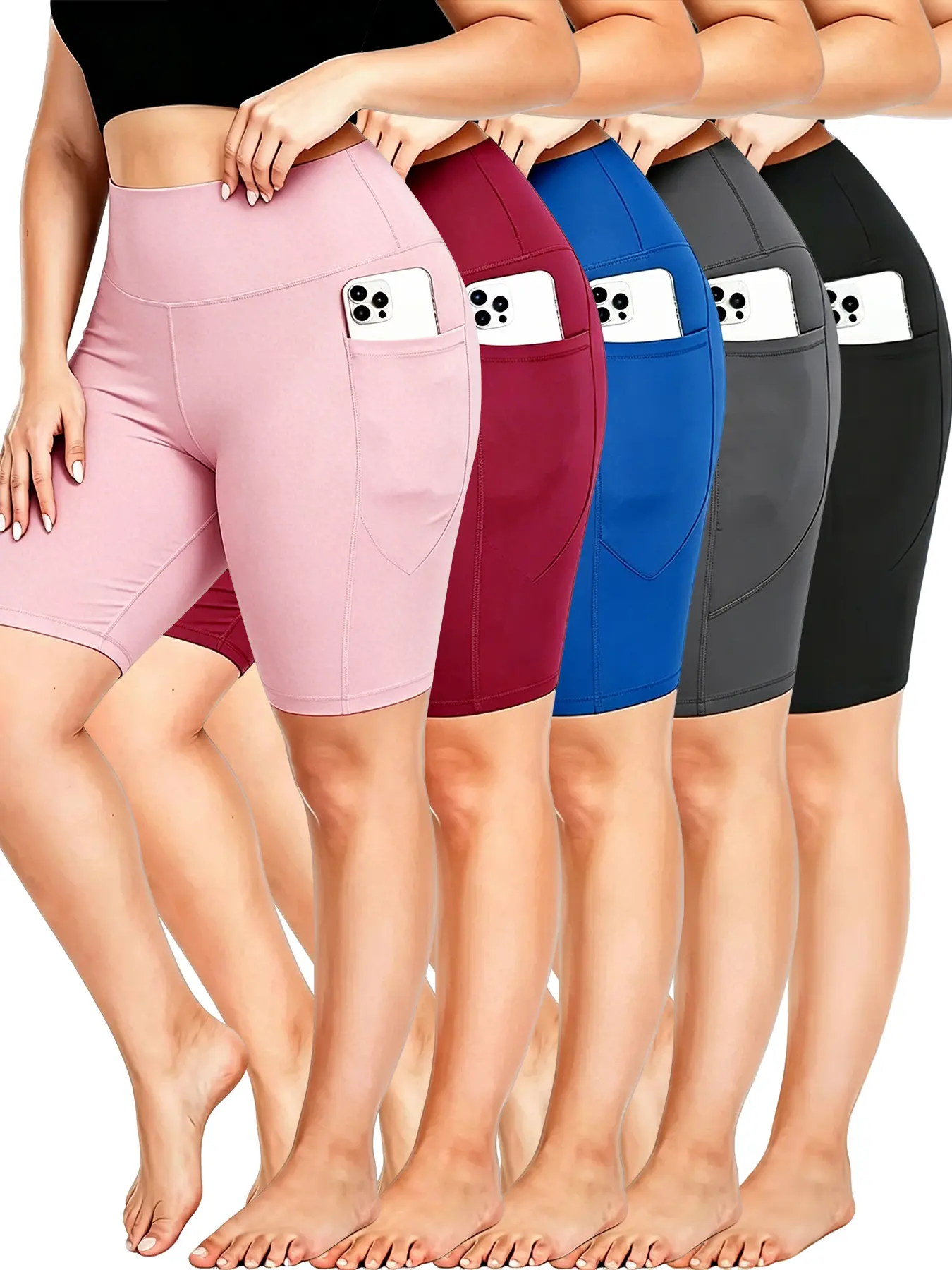 Women's 5-Pack High-Waist 5" Shorts, Tummy Control & Booty Lift, 2 Pockets, Moisture-Wicking Breathable, Slim Fit Gym Run, Black, Gray, Red, Blue, Pink