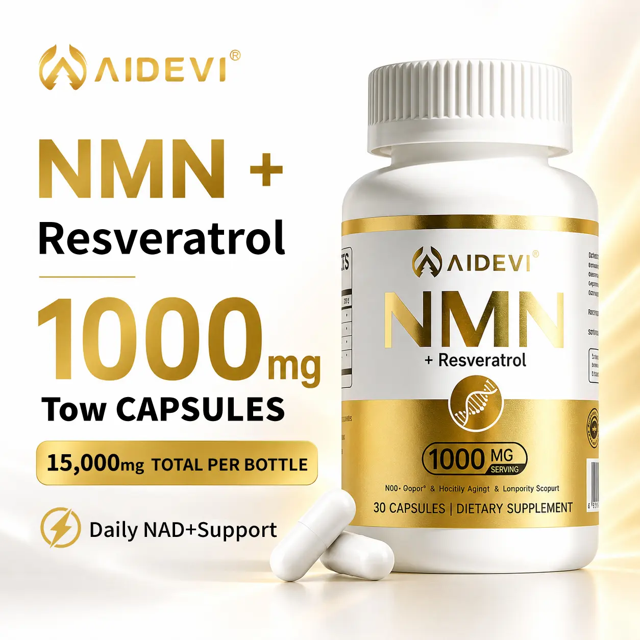 Aidevi NMN 1000mg Dietary Supplement with Resveratrol - 99% High-Purity NAD+ Support, Antioxidant Nutrition for Energy, Healthy Aging & Healthcare Needs