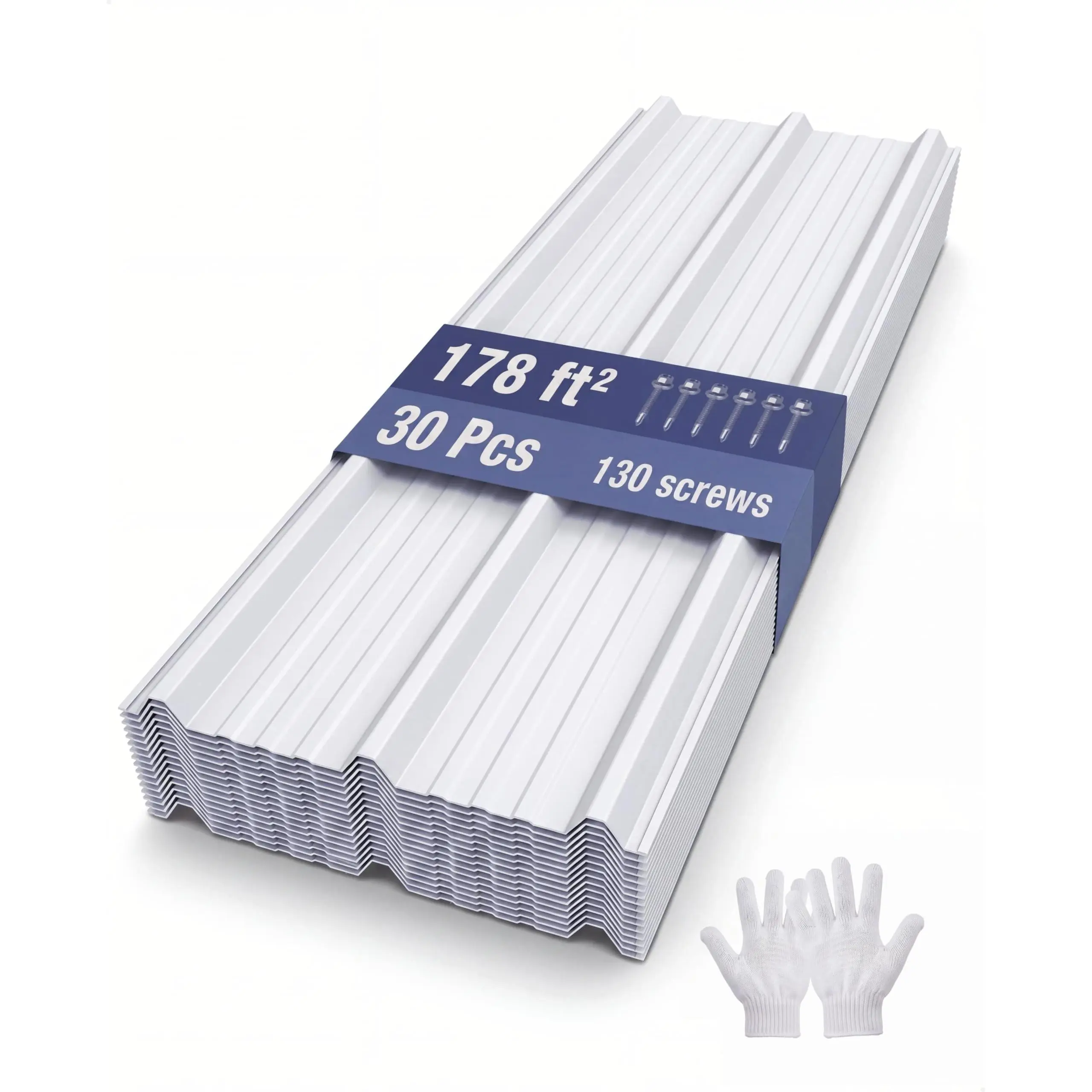 Ribbed Metal Roofing Panels, 178 Ft², 43.3'' L x 19.7'' W, 30 Pcs, White