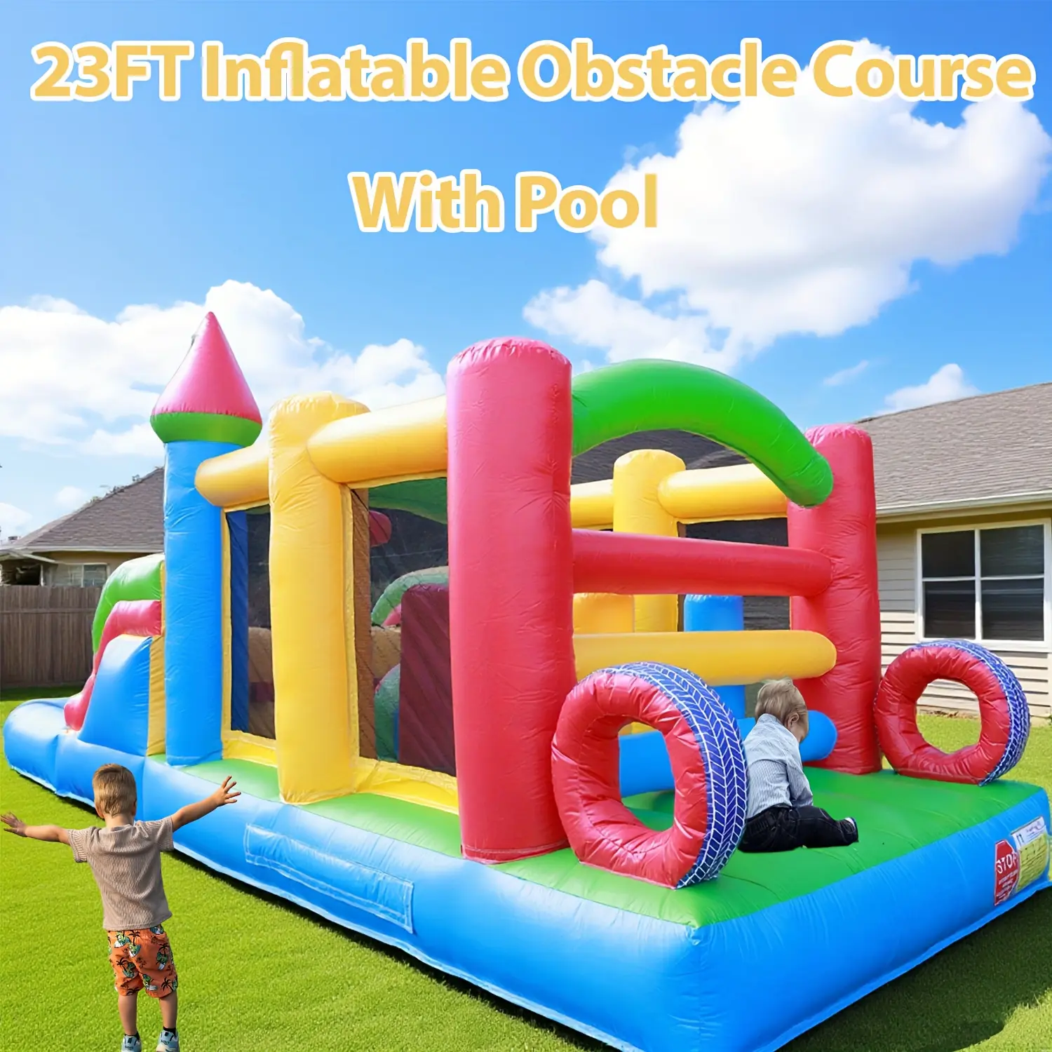 23ft All-in-One Inflatable Castle Obstacle Course with Pool, Racing Slides, Bouncy Castle, Crawl Tunnels & Climbing Walls - Commercial/Residential Backyard Party Inflatable for, Pool Parties - Heavy-Duty with Blower Machine