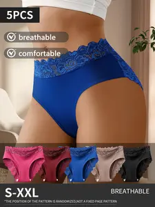 Set of 5 women’s lace brief panties—soft, stretchy, breathable underwear; comfortable mid-rise floral lace lingerie for everyday wear, work, travel, sleep, and lounging.