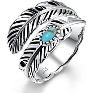 Sterling Silver Feather Ring with Black Onyx & Turquoise - Adjustable Stacking Vintage Statement Ring for Women & Men Elegant Ring Casual Ring Linked Stackable Birth Stone Ring