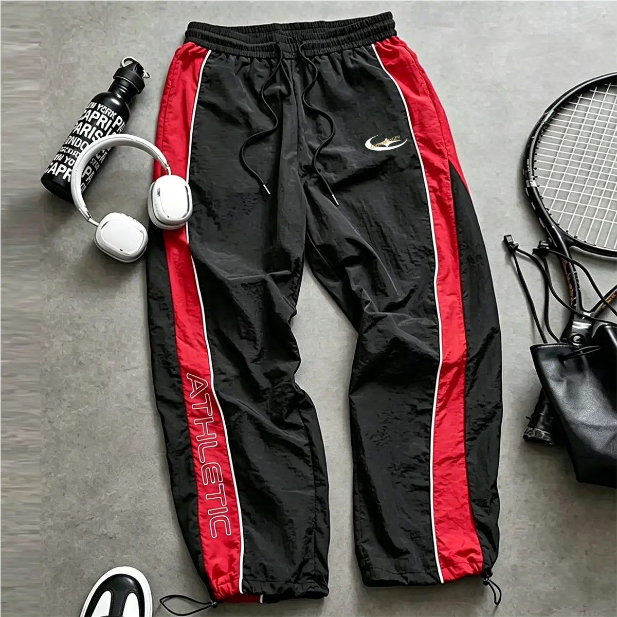 Men's Straight Activewear Pants - Side Color Block Print, Contrast Stripe Design, Lightweight Breathable Menswear Sportswear, Athletic Casual Streetwear Bottoms for Daily & Summer Use, Clothes