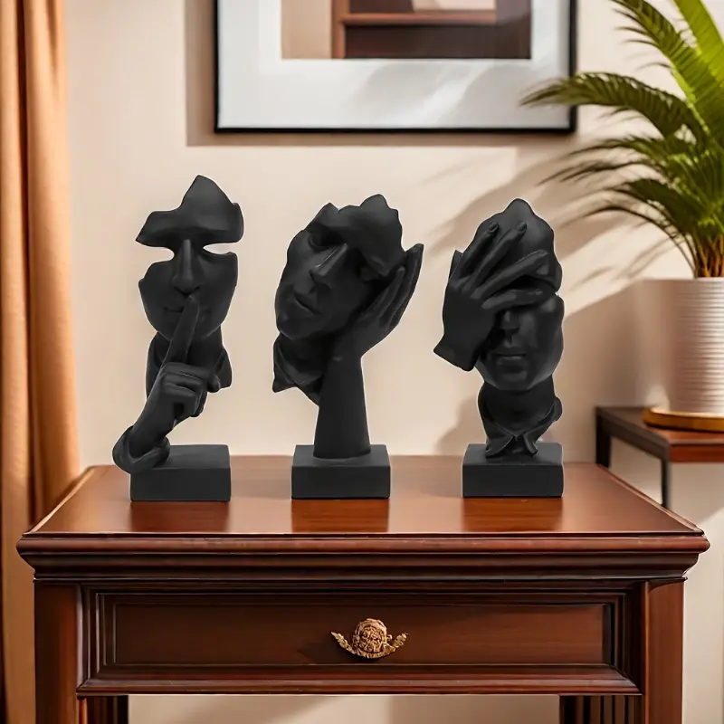 [3pcs Abstract Facial Decoration] 3pcs set of abstract facial decoration ornaments, resin handicraft ornaments for living room and office desktop Black Home Interior, Room Art