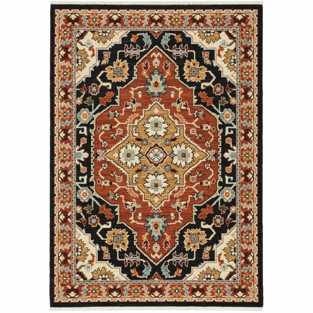 HomeRoots 509229 5x8 ft. Oriental Power-Loom Ethnic Area Rug, Stain-Resistant, Fringed, Black, Orange & Beige, Ethnic Area Rugs