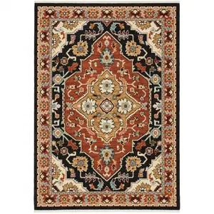 HomeRoots 509229 5x8 ft. Oriental Power-Loom Ethnic Area Rug, Stain-Resistant, Fringed, Black, Orange & Beige, Ethnic Area Rugs
