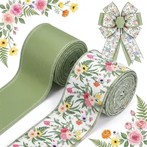 Green Wildflowers Wired Edge continuous Ribbon Retro Wild Floral Craft Ribbon Spring Fabric Ribbon for Summer Mother's Day Wreath Bow Making DIY Wrapping Party Decor Supplies, 2 Rolls, 5 Yard