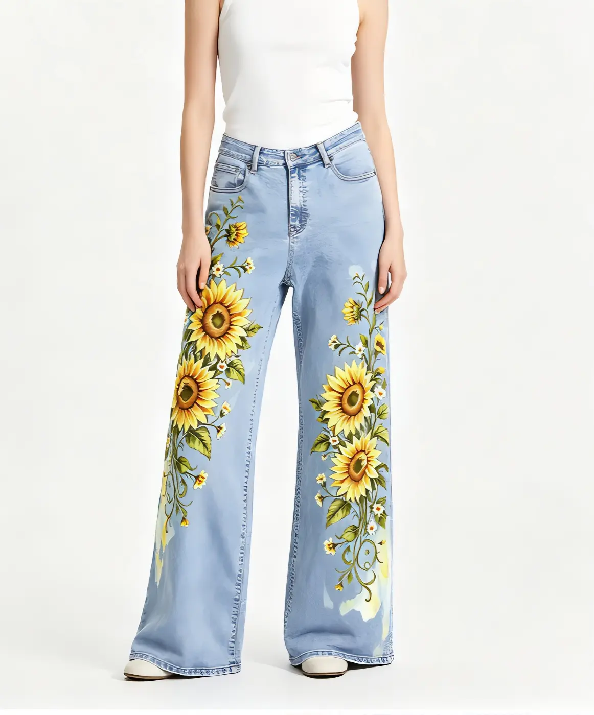 Sunflower Print Wide Leg Jeans for Women - Light Blue Denim with Floral Design - Comfortable & Stylish