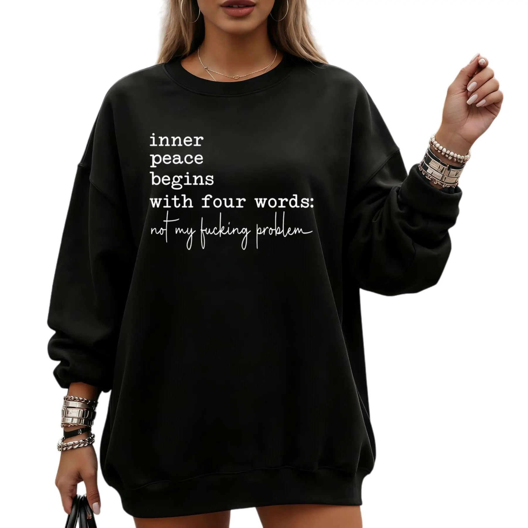 Oversized Unisex Long Sleeve Sweatshirt – 'Inner Peace Begins with Four Words' Funny Sassy Quote, Streetwear Style for Men & Women