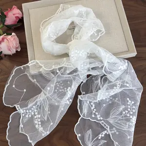 Literary Retro Solid Color Lace Embroidered Scarf for Women, Versatile Sheer Yarn Long Headscarf, Bohemian Multi-purpose Decorative Shawl Wrap, Lightweight Breathable Hair Accessory for Daily Outdoor Beach Travel Photoshoot
