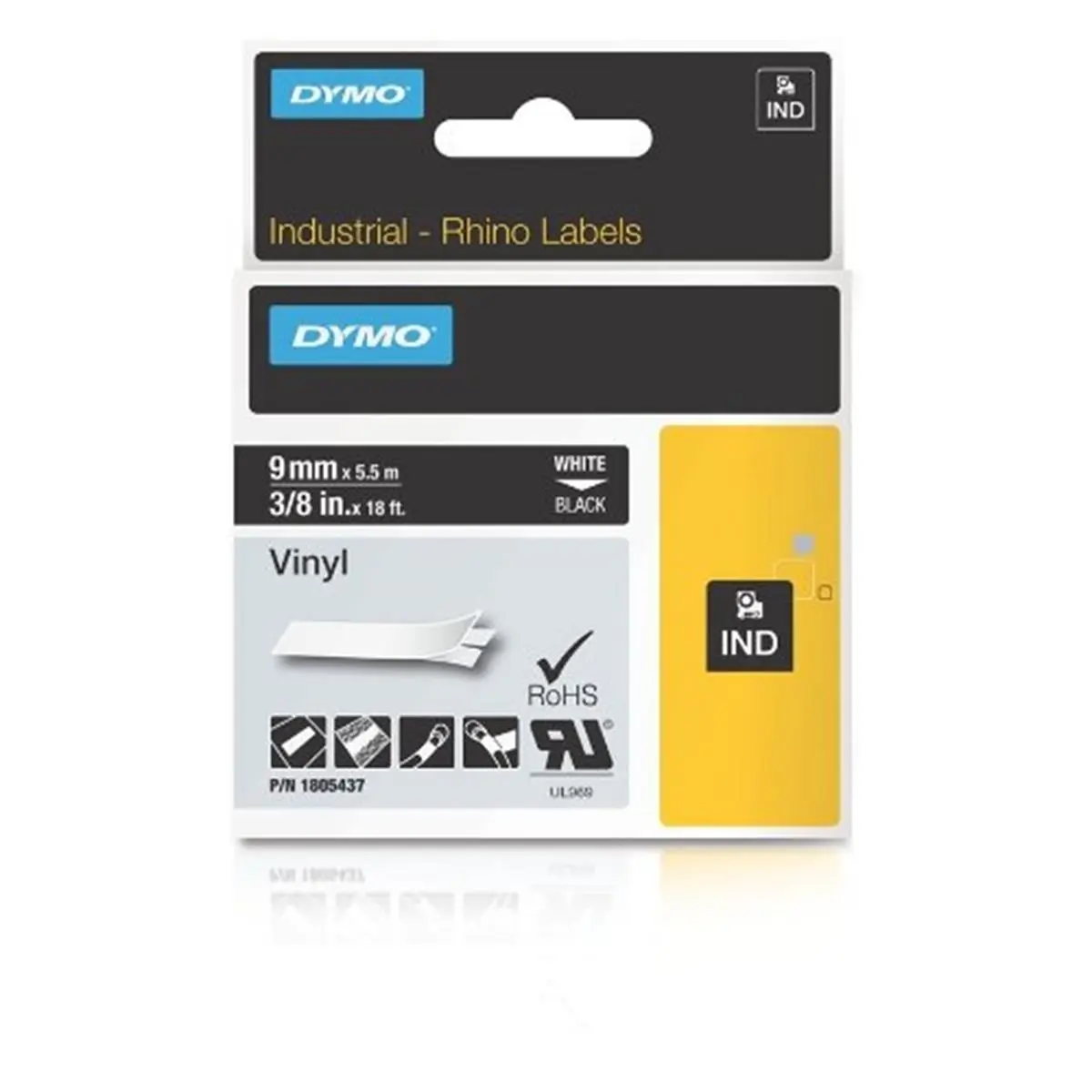 Dymo Rhino Industrial Adhesive Cable Label Tape - 9mm Black Vinyl, 5.49m Length, Thermal Print Pressure-Sensitive Vinyl Sticker Labels with Safety Instructions for Office Stationery, Cable Labels