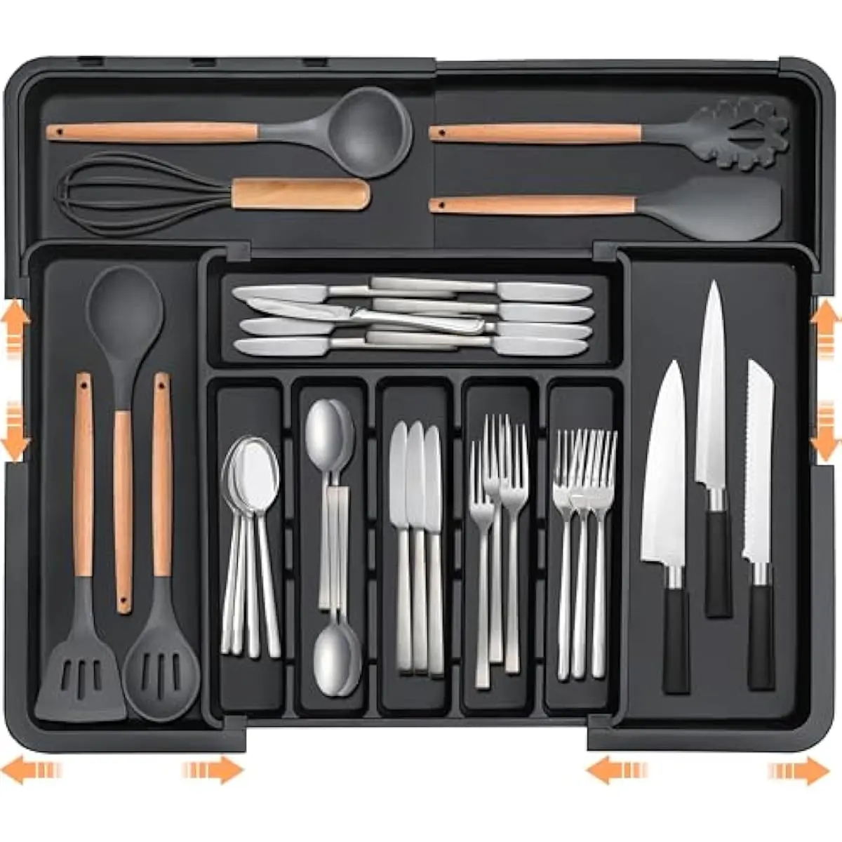 Plastic Kitchen Organizer and Storage-Silverware Organizer Expandable Kitchen Utensil Drawer Organizer Large BPA Free Adjustable Cutlery Silverware Tray for Spoons Forks Knives Storage Divider for Kitchen Flatware 6-9 Slots Black