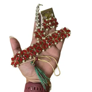 Traditional Indian Nepali Choker with Matching Earrings & Bindhi Red Floral Design with Pearl Accents