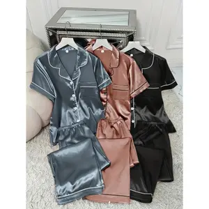 3 Sets Women's Solid Satin Casual Pajama Set, Short Sleeve Buttons Lapel Top & Pants, Comfortable Relaxed Fit(Top Sets)