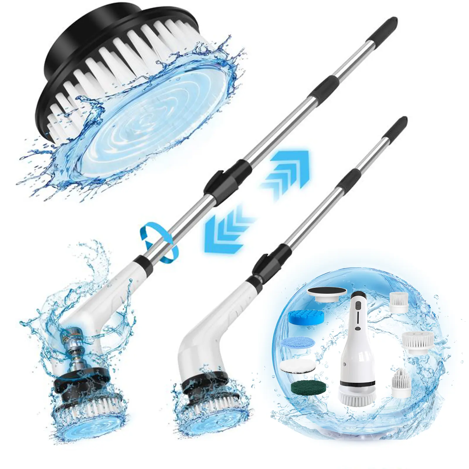 Cordless Electric Spin Scrubber - IPX7 Full-Body Waterproof Deep Clean Tool, 8 Washable Replaceable Heads, 3 Adjustable Extension Rods, 2-Speed, Portable Fast Stain Lift Cool Gadget for Bathroom, Kitchen Household Cleaning