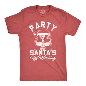 Mens Party Like Santa's Not Watching T Shirt Funny Christmas Party Holiday Graphic Tee Mens Funny T Shirts Cool Vintage Fashion T-Shirt Gift Classic Menswear Christmas Apparel for Men Funny Drinking Short Red