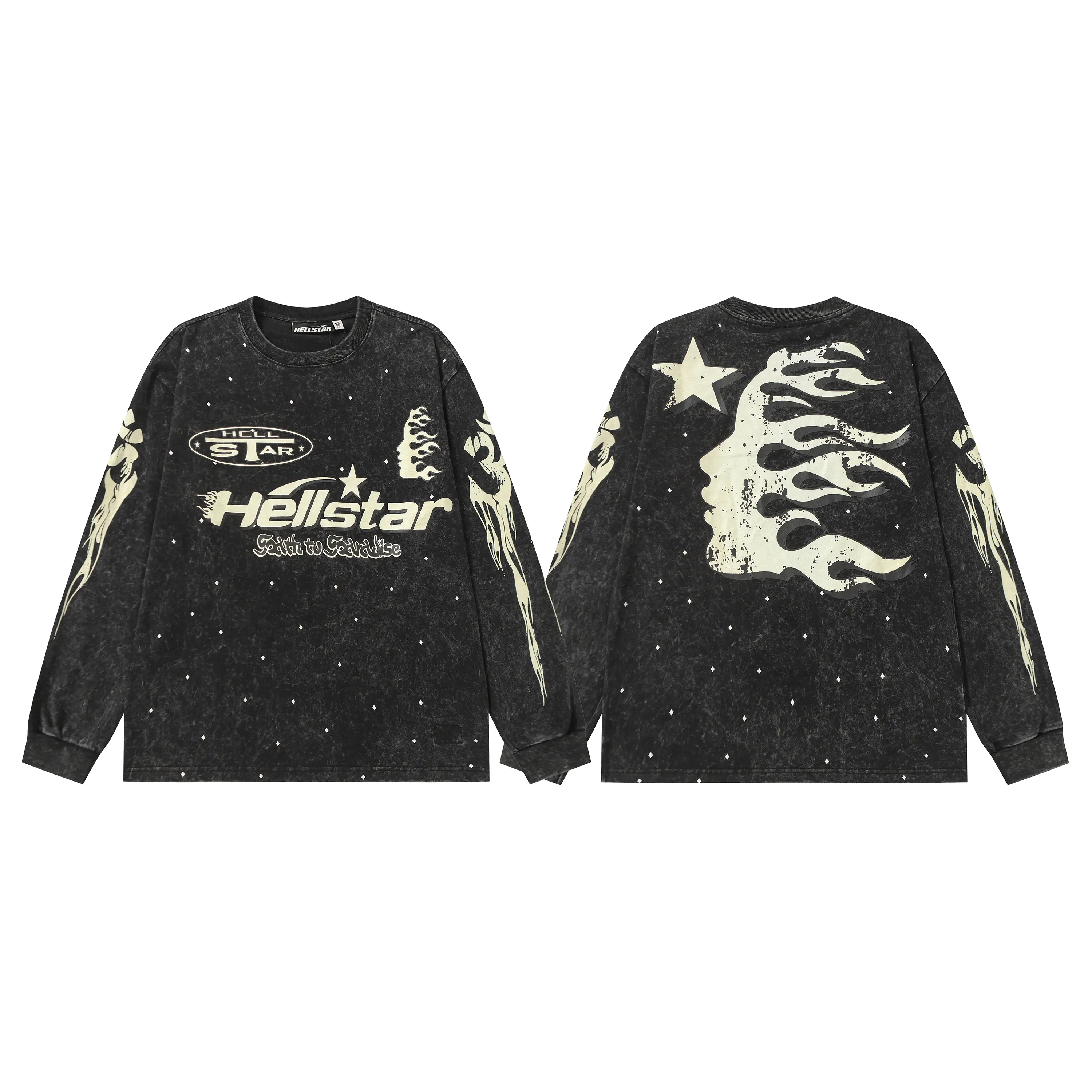 HELLSTAR Certified Professional Y2K Premium Quality Flaming Face Sleeve Print Splatter Long Sleeve T-Shirt Casual Mens Standard Fit