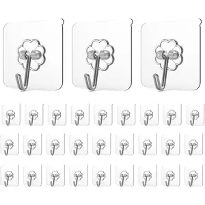 Adhesive Hooks for Hanging, Heavy Duty Wall Hooks 20 Pack, Removable Sticky Ceiling Hooks, Transparent Self Adhesive Shower Hooks, Water & Oil Proof Strong 22lb(Max) Door Coat Hooks
