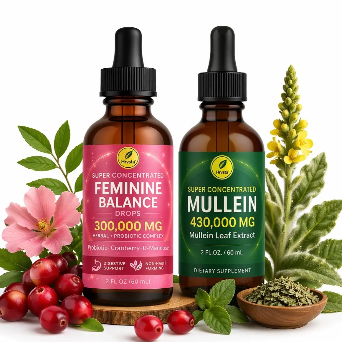 Women's Natural Botanical Dietary Liquid Drops Combo - Mullein Leaf Vitamins, Lung Detox Support, Daily Wellness & Feminine Balance Supplements, Mullein Leaf Vitamins Supplements