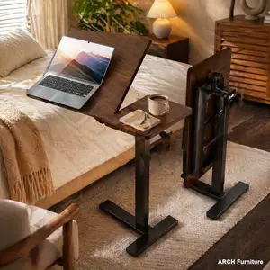Upgraded Arch Tilting Overbed Desk - H-Shape Base Mobile Rolling Laptop Stand with Wheels, Height-Adjustable MDF+Metal Tray Nightstand Bedside Table, Wood Modern Side Table for Bed, Sofa (Walnut), Wood Bedside Table