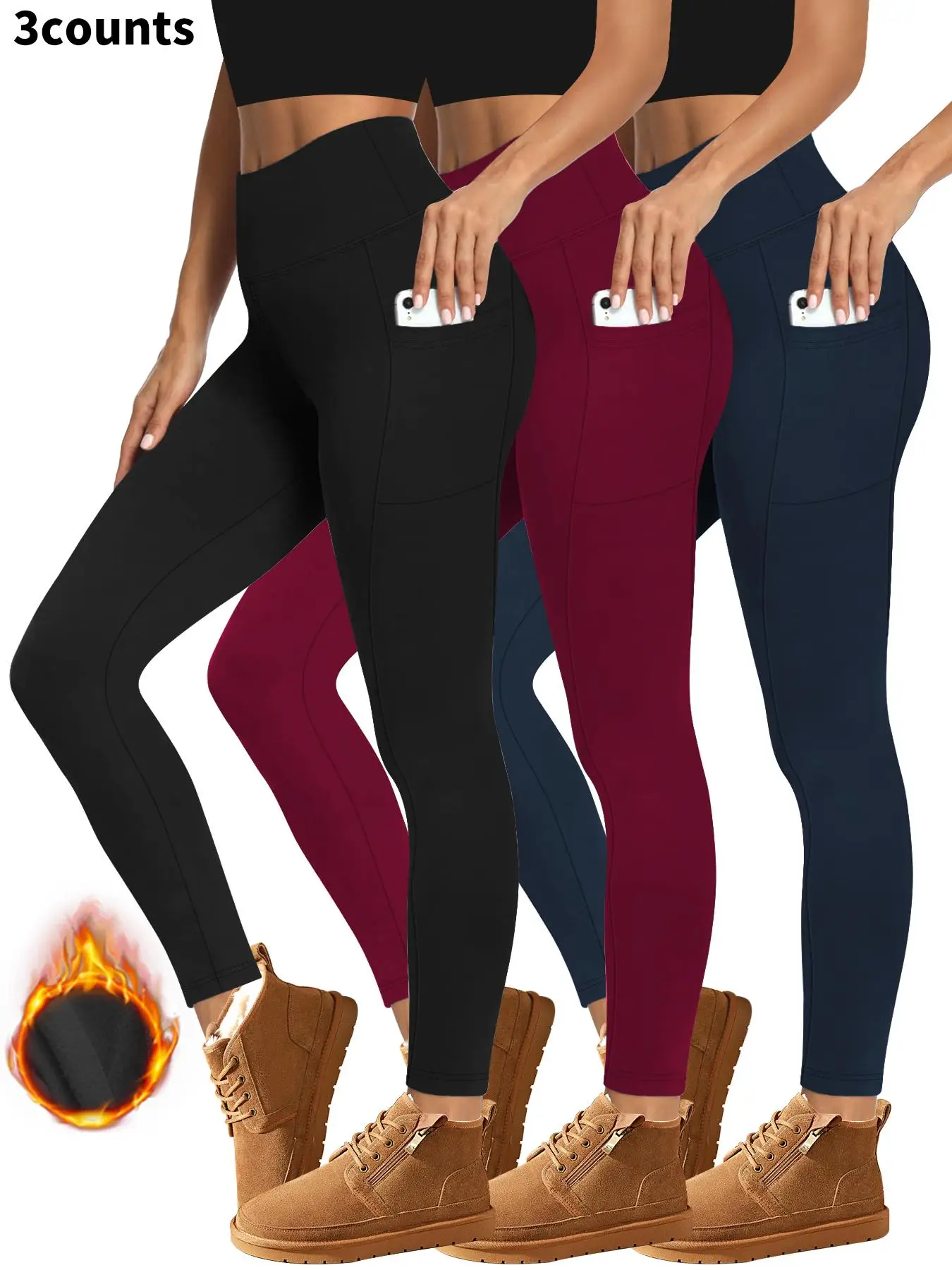 Women's Solid High Waist Pocket Thermal Lined Leggings, Casual Comfy Warm Skinny Pants for Yoga, Ladies Bottoms for Fall & Winter