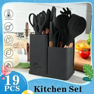 19-Piece Silicone Gel Utensils Set with Wooden Handles – Nonstick Multifunctional Spatula Spoon, Ladle, Scraper, Kitchen Utensils Gadgets for Home Cooks, Whimsical Black Supplies