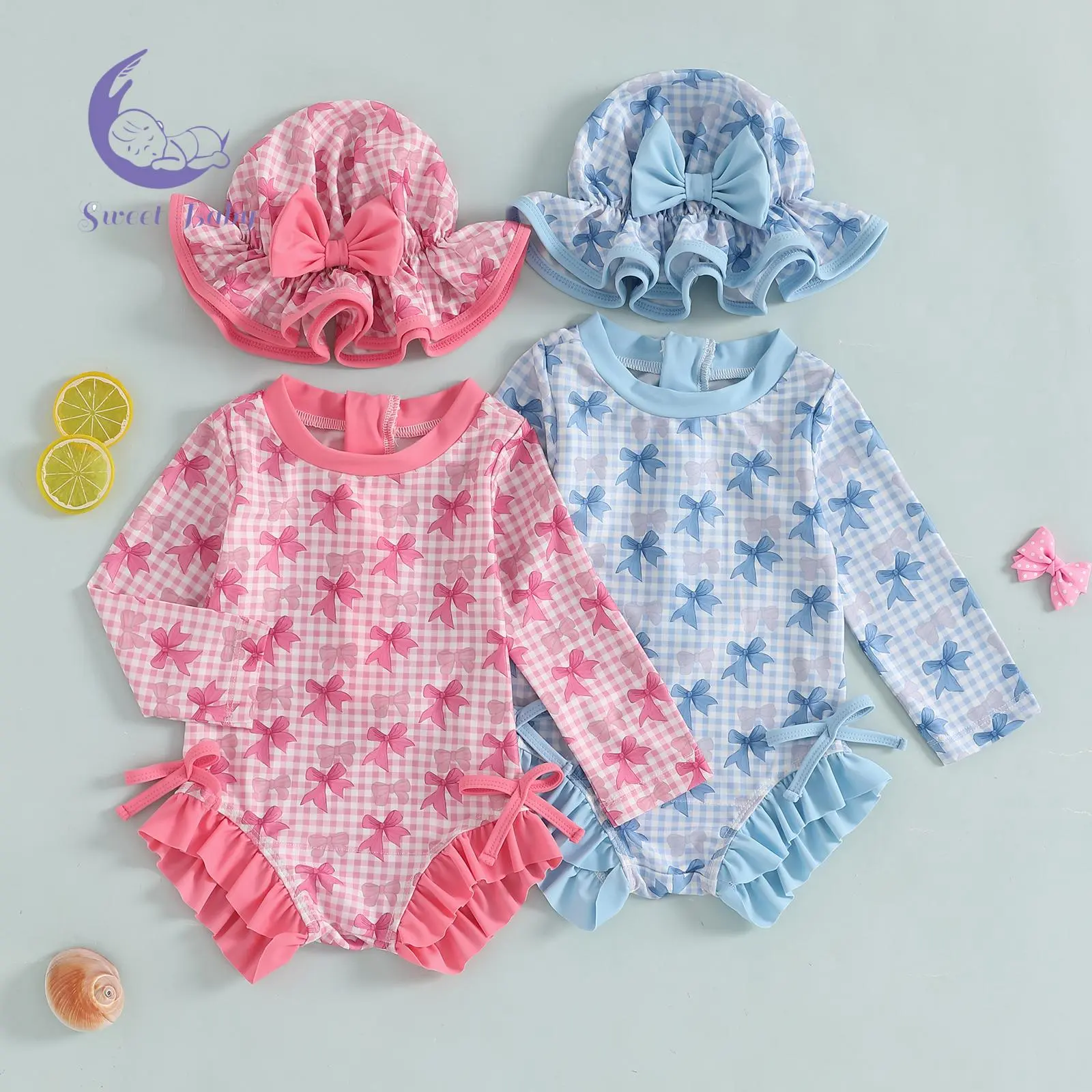 Infant Baby Girl Long Sleeve Plaid Print Rash Guard Swimsuit with Bow and Sun Hat, Swimwear Outfits, Clearance Baby Bodysuit Bathing Suit