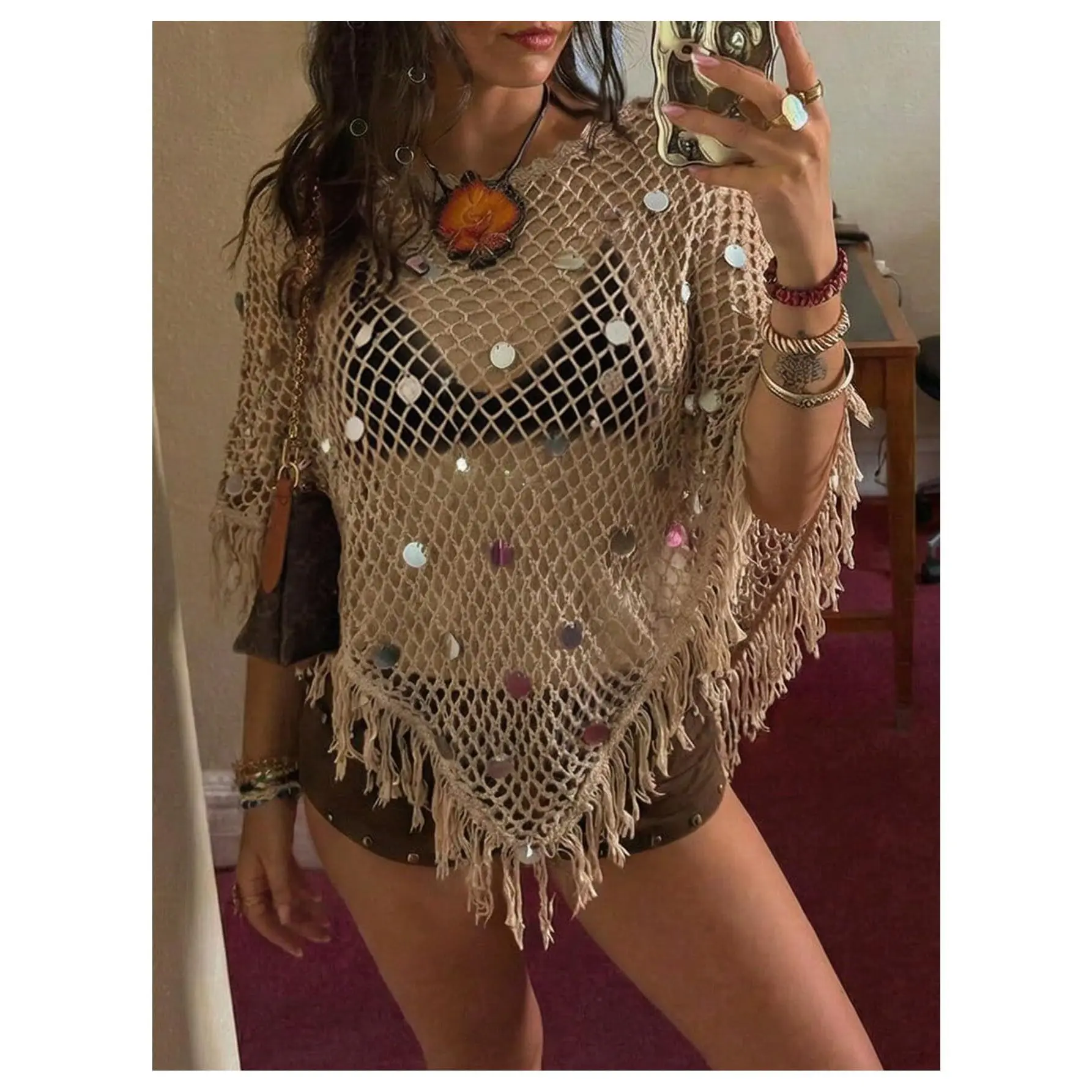DealsForYouDays Women's Fringe Sequin Off-The-Shoulder Sheer Crochet Hollow-Out Crop Poncho Top - Bohemian Casual Beach Swimsuit Swimwear Coverup, Beach Swimsuit Coverup, Casual Cover Up, Crochet Coverups