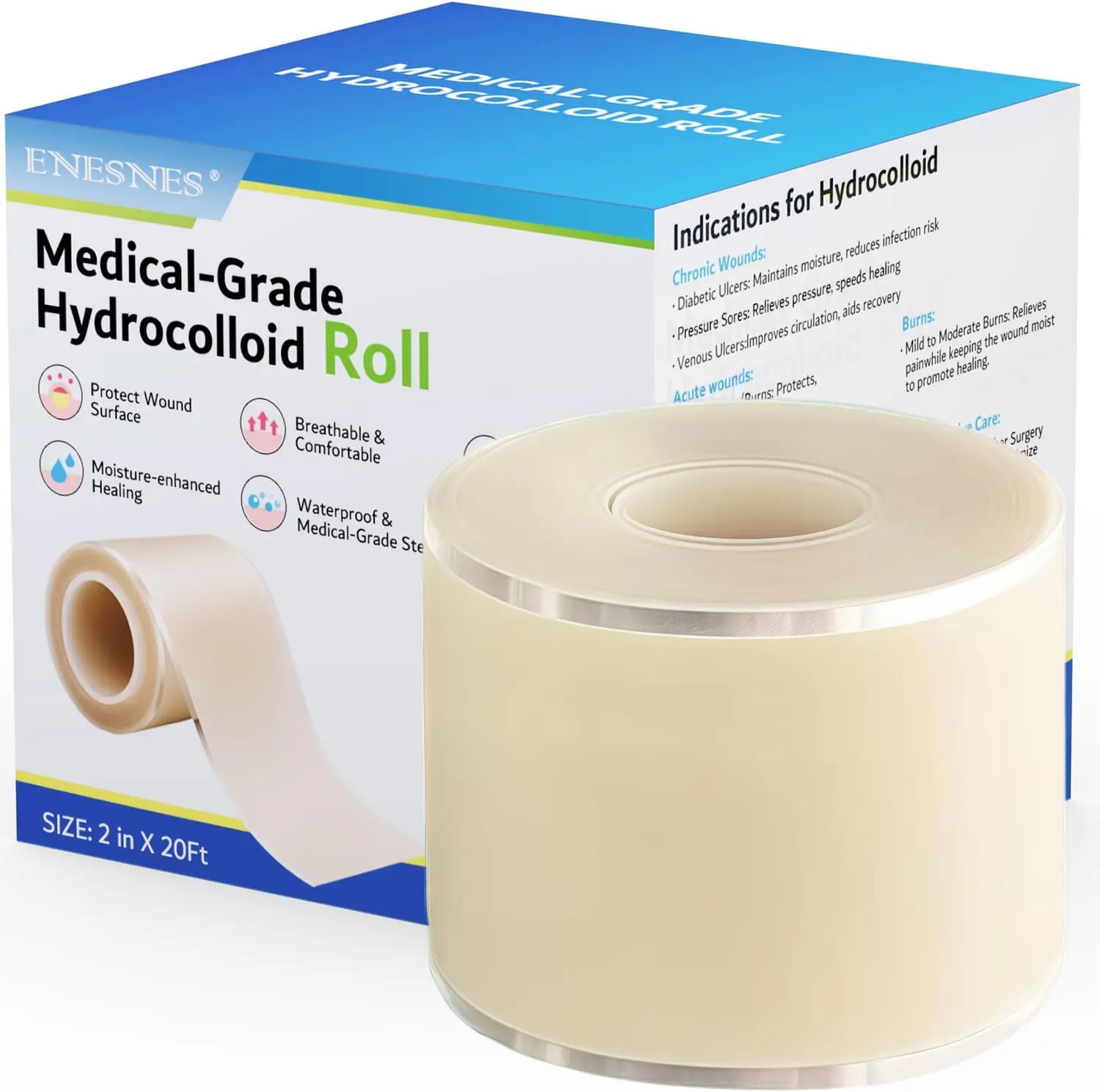 Extra Large 2''X20"Ft Large Flexible Hydrocolloid Bandage Roll - Cut-To-Size, Medical-Grade Hydrocolloid Patch Bandages with Self-Adhesive, Ultra Absorbent, Flexible & Waterproof, First Aid Kit Essential ENESNES