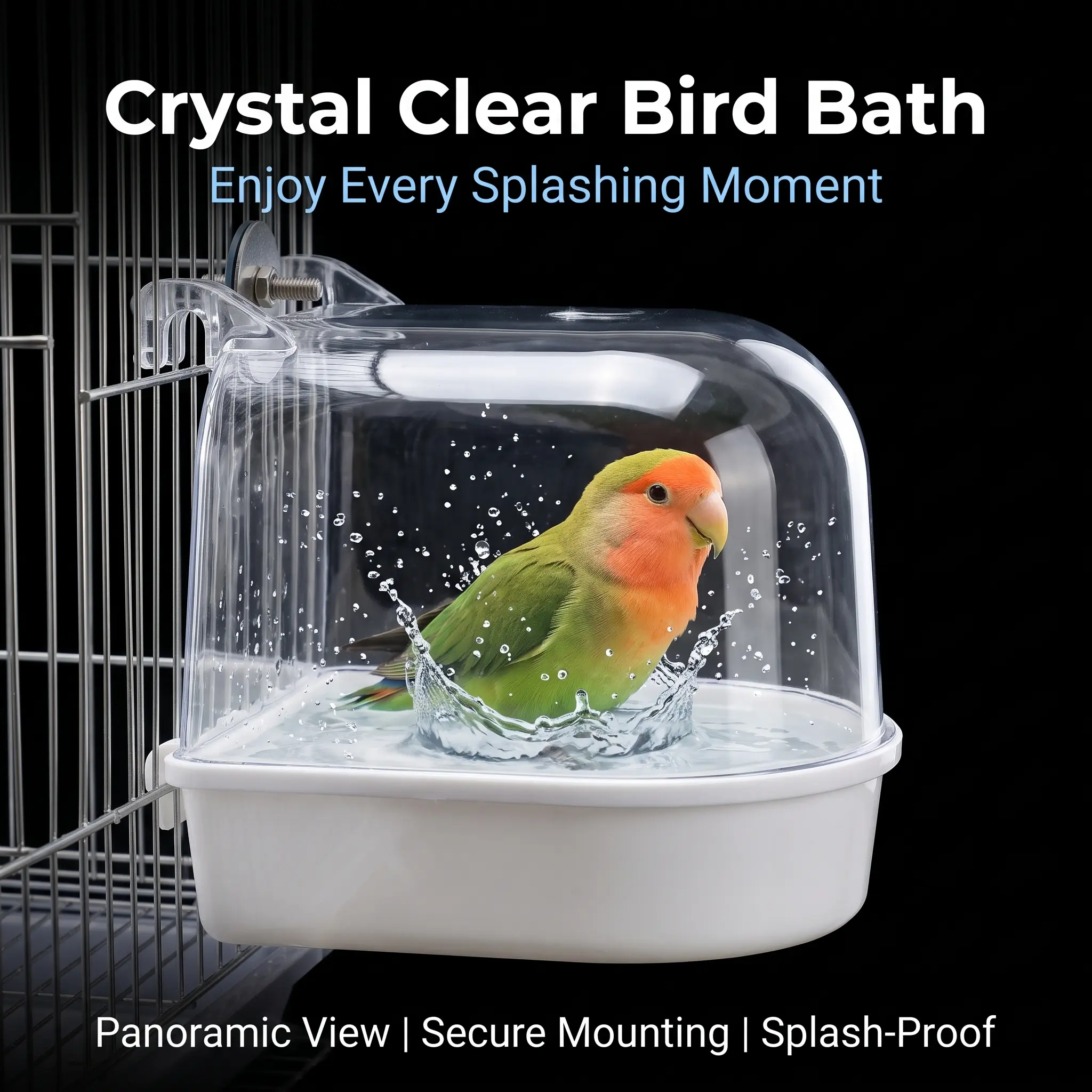 No-Mess Bird Bath 13.5cm | Clear Hanging Cage Tub w/ Perch for Budgie Cockatiel Lovebird | Thick PP Splash-Proof Dome