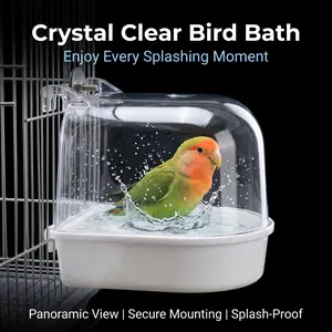 No-Mess Bird Bath 13.5cm | Clear Hanging Cage Tub w/ Perch for Budgie Cockatiel Lovebird | Thick PP Splash-Proof Dome