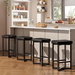 Bar Stools Set of 4, 24.6" Counter Height Backless Barstools, Upholstered PU Leather Seats with Metal X-Frame & Footrest, Modern Kitchen Stools for Home Bar, Dining Room, Black