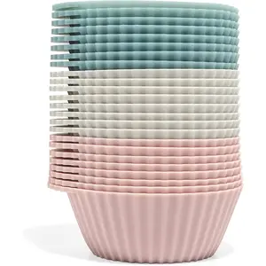 Reusable Silicone Baking Cup Silicone Muffin Liners for Cupcakes, BPA Free, Regular, 24 Pack, Pink Gray Blue