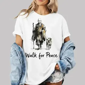 Serene Walk for Peace: Minimalist Zen Art T-Shirt Featuring Meditating Monks and Calm Dog, Vintage s Pigment Dyed Oversized Heavyweight Cotton Unisex Tee for Mindfulness, Meditation, and Calm Lifestyle