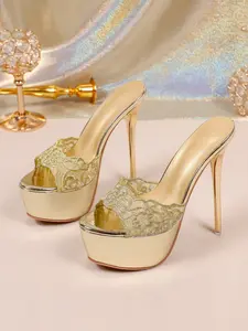 2026 Spring Summer New Embroidered Lace High Heel Waterproof Platform Sandals, Elegant Sandals, Fashion Outdoor Flip Flops for Women, Gold Fish Mouth Shoes