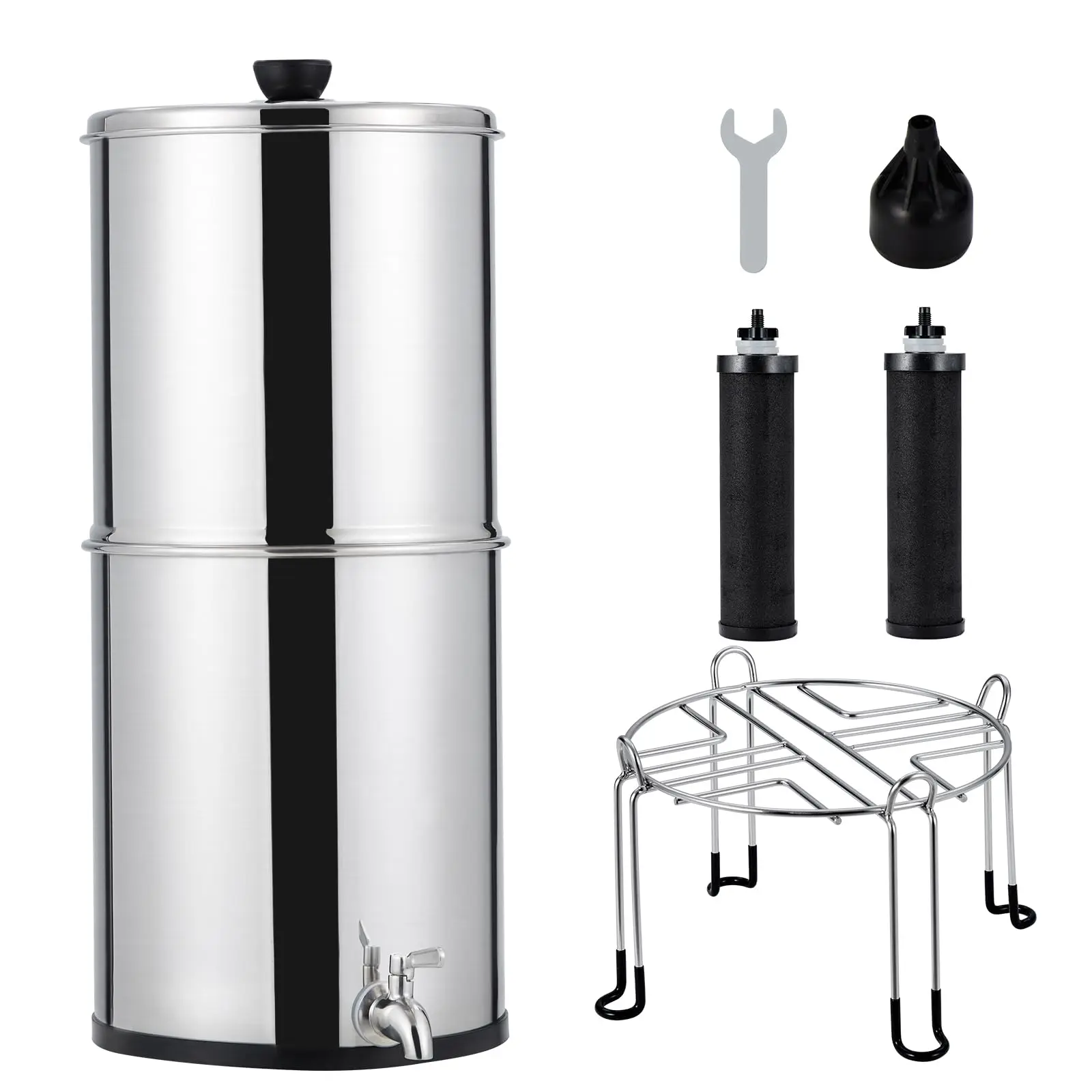 Stainless Steel 304 Gravity Water Filter System, Countertop Water Purifier with 2 Black Carbon Filters, Spigot & Stand, Home Drinking Water Filtration for Kitchen, Camping, Emergency