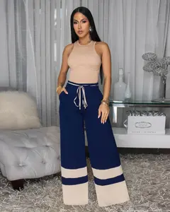USBOUTIQUE CHIC Women's Stretchy Two Piece Outfit Ribbed Racerback Tank Top & Color Block Wide Leg Pants Casual Everyday Curvy-Friendly