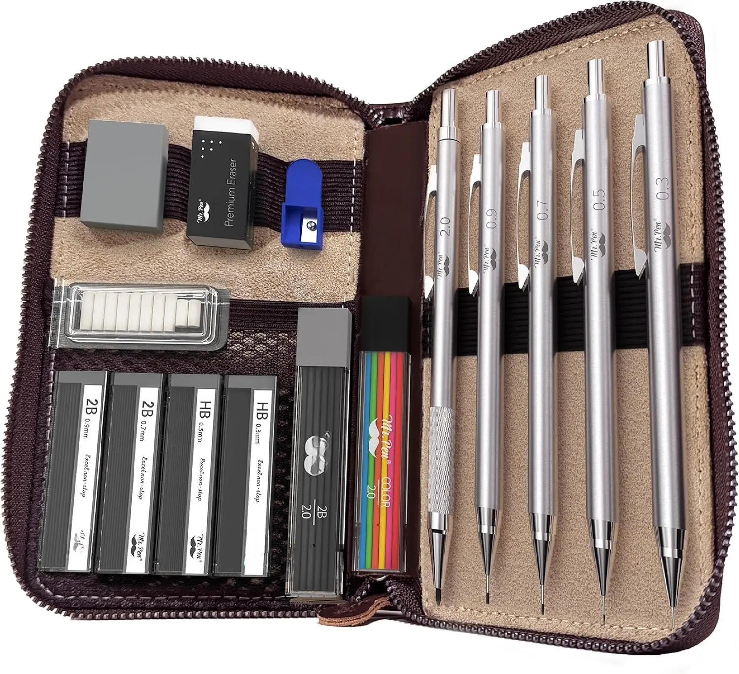- Metal Mechanical cil Set in Leather Case, 5 Sizes, 0.3, 0.5, 0.7, 0.9, 2mm, mechanical cils, Sketching cils, Drafting cil