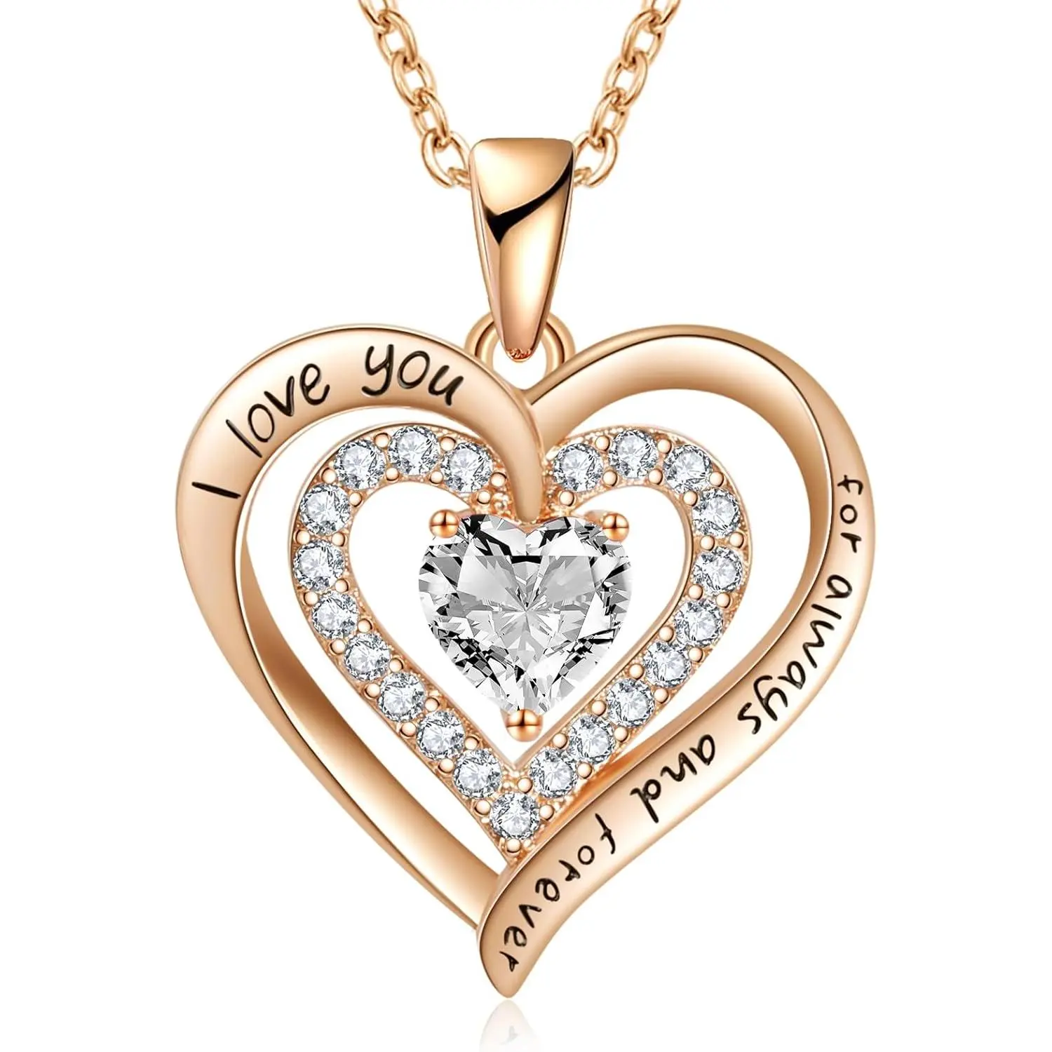 I Love You Heart Necklace for Women - Gold with Heart-Shaped Design, Featuring Central Stone & "I Love You" Text, Ideal for Birthstone Celebrations