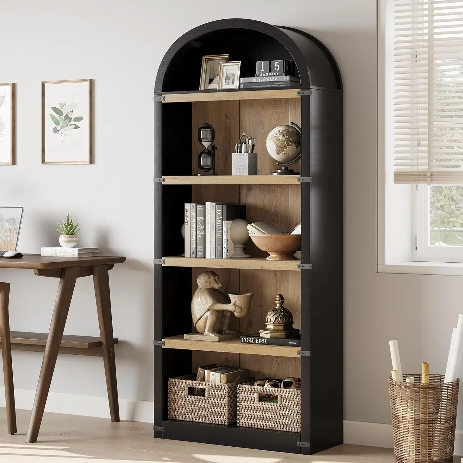 Gaomon 5-Shelf Arched Modern Floor Standing Bookshelf, 71in Tall Durable Wooden Storage Rack, Farmhouse Home Decor for Living Room Office Apartment Furniture, Home Organization Storage, Black/Natural, Assembly Required, Low-Maintenance Care, Living Room D